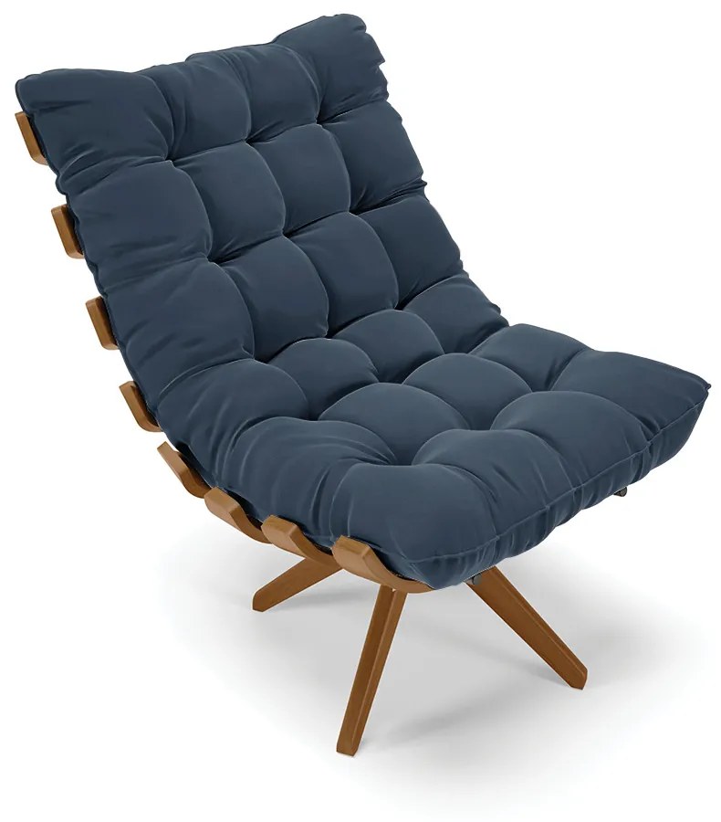 Poltrona com Puff Giratório Costela Suede Base de Madeira MA30 M11 - D'Rossi - Azul Marinho