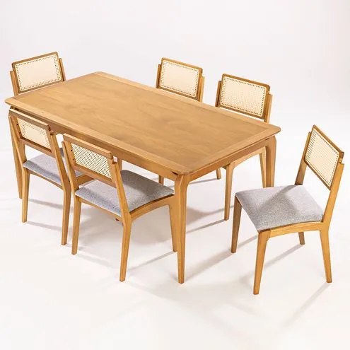 Conj Argos Mesa + 06 Cadeiras Tela Sextavada Verniz Mel - 72643 Sun House