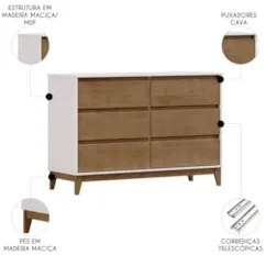 Cômoda Para Quarto 125cm 6 Gavetas Solvi Off White/Freijó F07 - Mpozen
