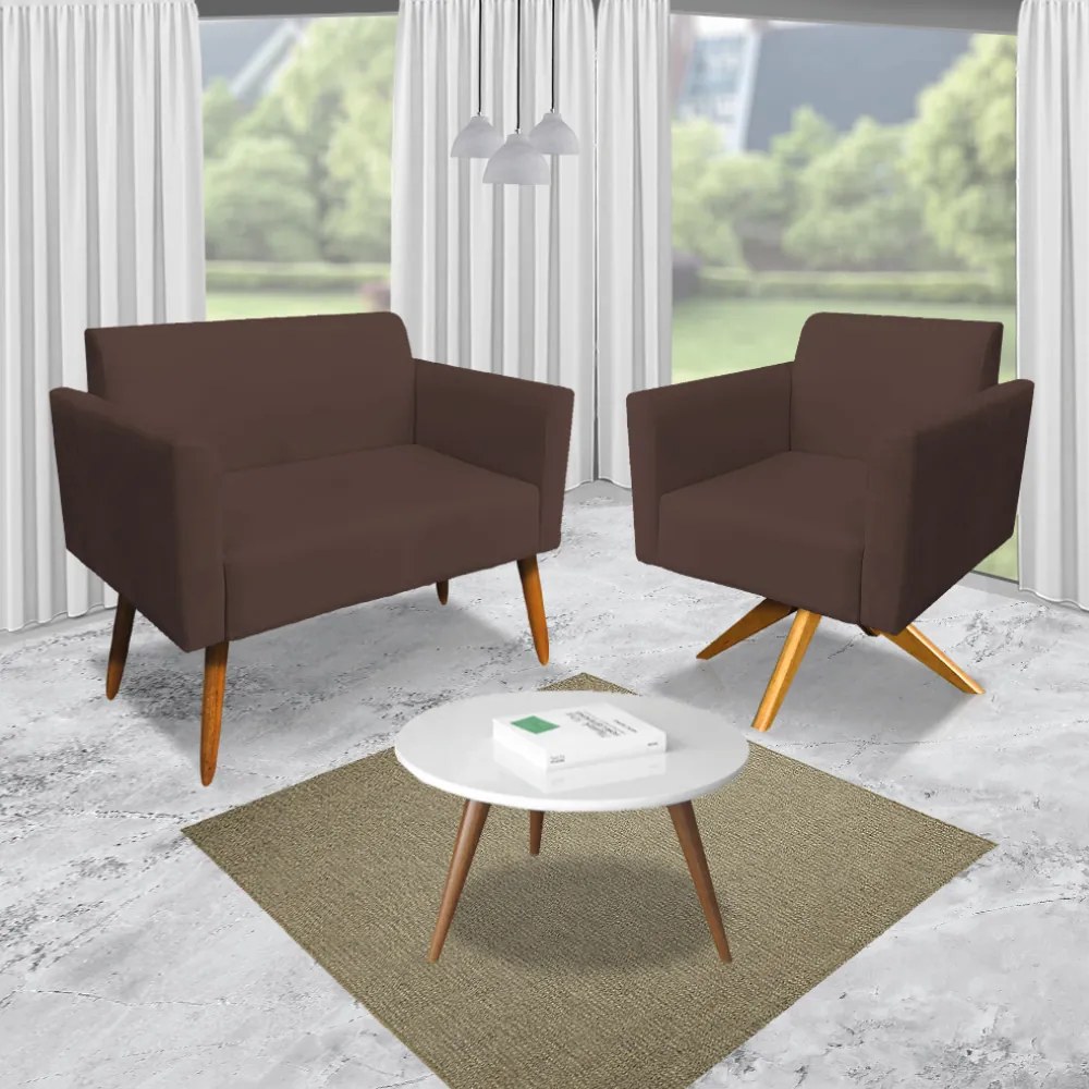 Kit 01 Namoradeira e 01 Poltrona Marisa Suede Base Giratoria Madeira MA30 D03 - D'Rossi - Marrom