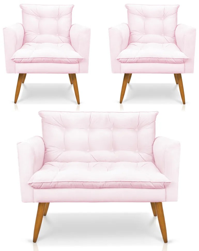 Kit 1 Sofá Namoradeira e 2 Poltronas Tais Suede Pés Palito Castanho - D'Rossi - Rosa Bebê