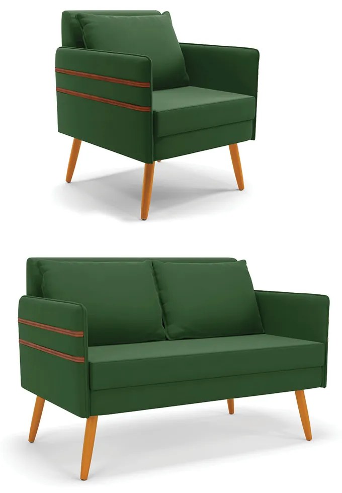Kit 01 Namoradeira 02 Lugares e 01 Poltrona Mari Suede Pés Palito Castanho - D'Rossi - Verde