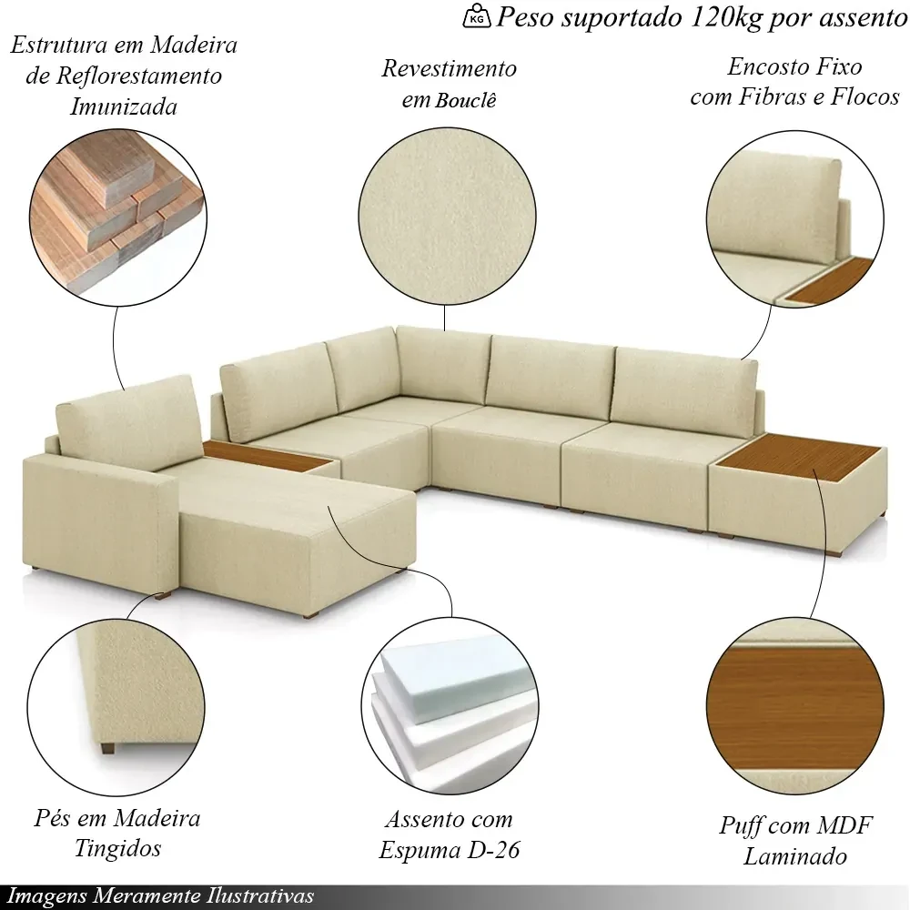 Sofá de Canto Decorativo Sala de Estar 603cm Modulado Takashi com ...