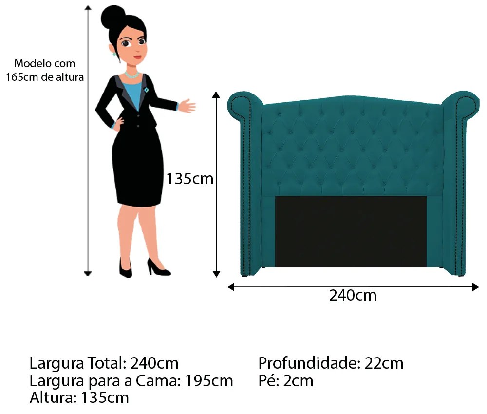Kit Cabeceira e Calçadeira Veneza 195 cm King Size Suede Azul Turquesa - ADJ Decor