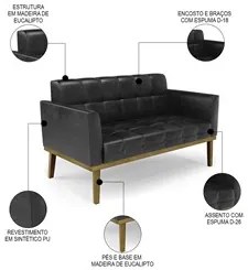 Sofá Namoradeira e 2 Poltronas Base Madeira Castanho Ana Sintético PU