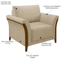 Poltrona Decorativa Sala de Estar 102cm Pés Madeira Roya Z32 Linho Beg