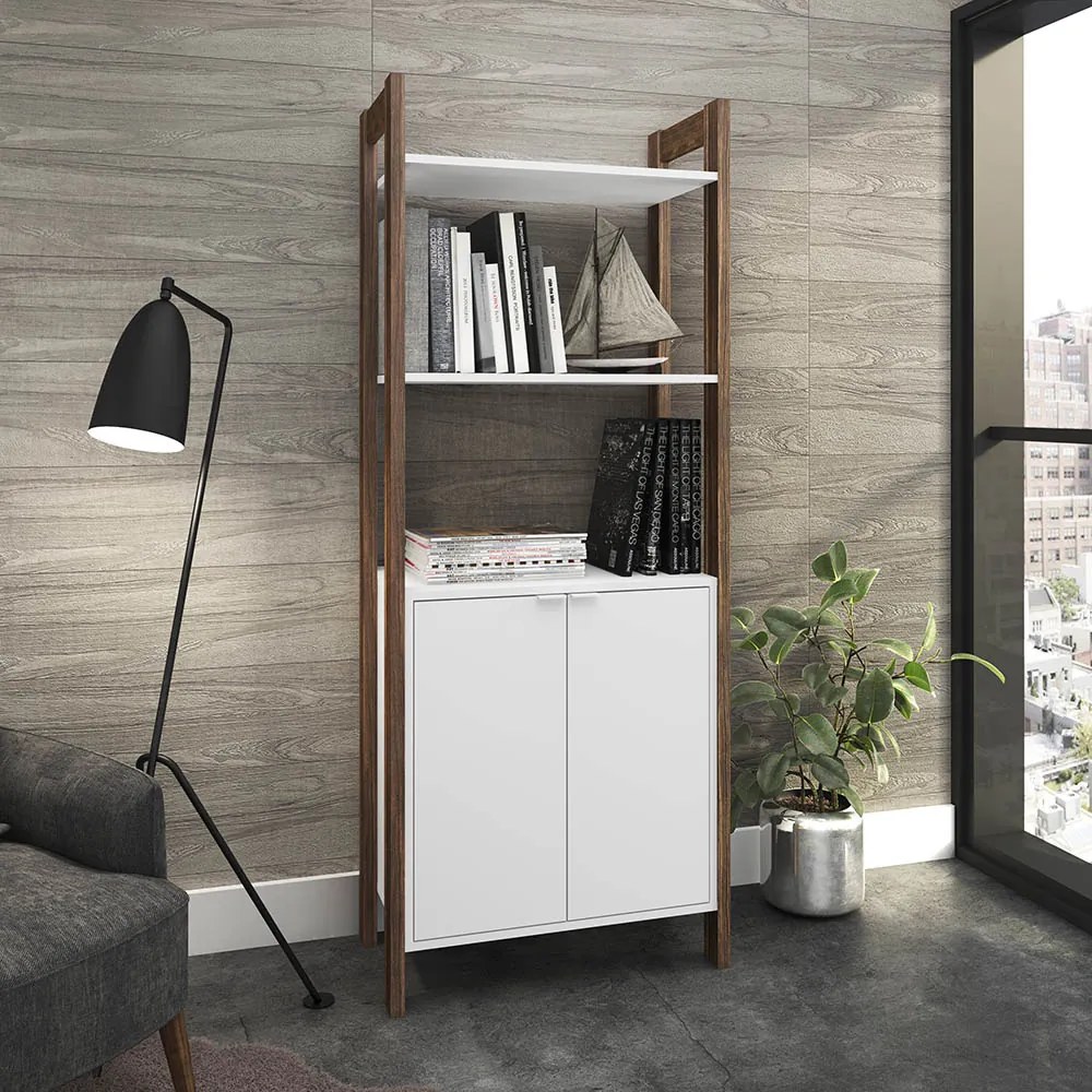 Armário Alto para Escritório Home Office AZ1009 MDP Branco/Nogal G69 - Gran Belo