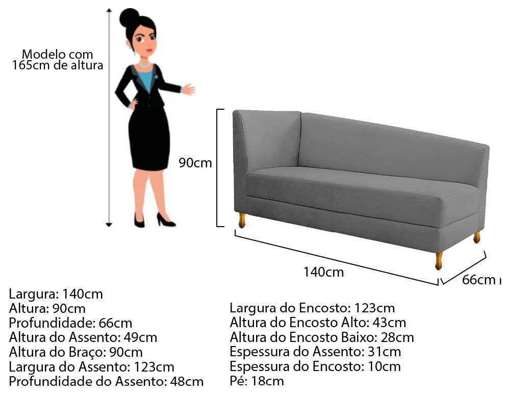 Recamier Valéria 140cm Lado Direito Corano Cinza - ADJ Decor
