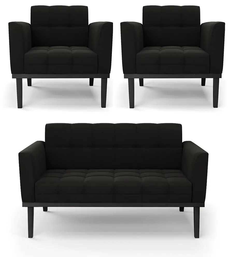 Sofá Namoradeira e 2 Poltronas Base de Madeira Preto Elisa Suede D03 - D'Rossi - Preto