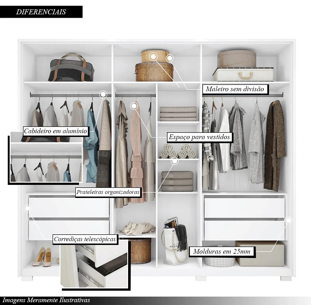 Guarda Roupa Casal Bravus 6 Portas de Bater com 2 Espelhos e 4 Gavetas MDP Branco G11 - Gran Belo