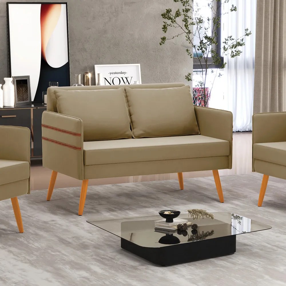Namoradeira 02 Lugares Mari Suede Pés Palito Castanho - D'Rossi - Marrom Rato