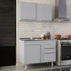 Armário Cozinha e Balcão Com Pia 100cm Luziania Cinza Claro - Lumil