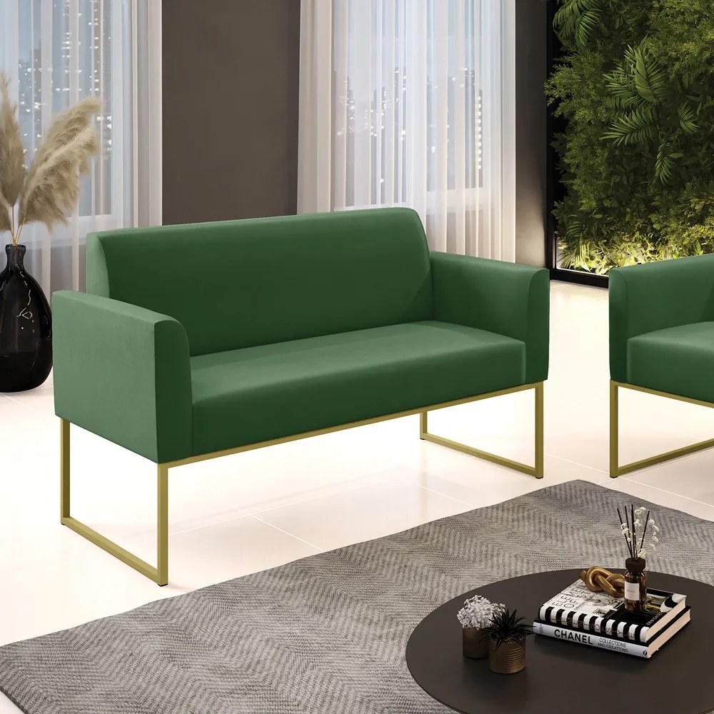 Sofá Namoradeira Base Industrial Dourado Marisa Suede Verde D03 - D'Rossi