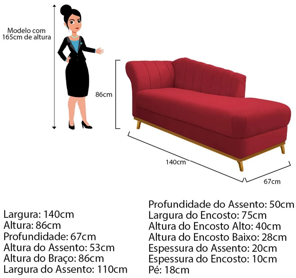 Recamier Vanessa 140cm Lado Esquerdo Suede Vermelho - ADJ Decor