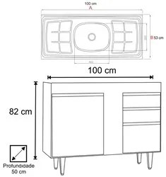 Balcão Gabinete Com Pia Inox 100cm 2 Portas 2 Gavetas Luziania Castanh