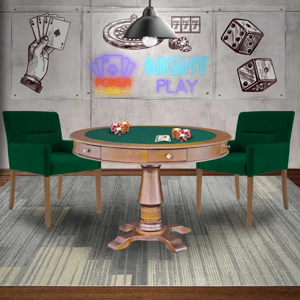 Mesa de Jogos Carteado Victoria Redonda Tampo Reversível Amêndoa com Kit 2 Cadeiras Vicenza Verde G36 G15 - Gran Belo