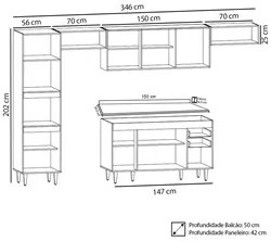 Armário de Cozinha Modulada 5 Peças CP14 Balcão com Tampo Preto/Cinza