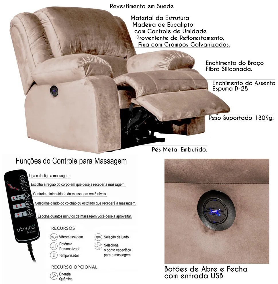 Poltrona do Papai Reclinável Elétrica com Massagem e USB Magnum Veludo Creme G23 - Gran Belo