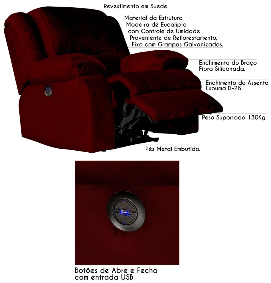 Poltrona do Papai Reclinável Elétrica com Entrada USB Magnum Veludo Vinho G23 - Gran Belo