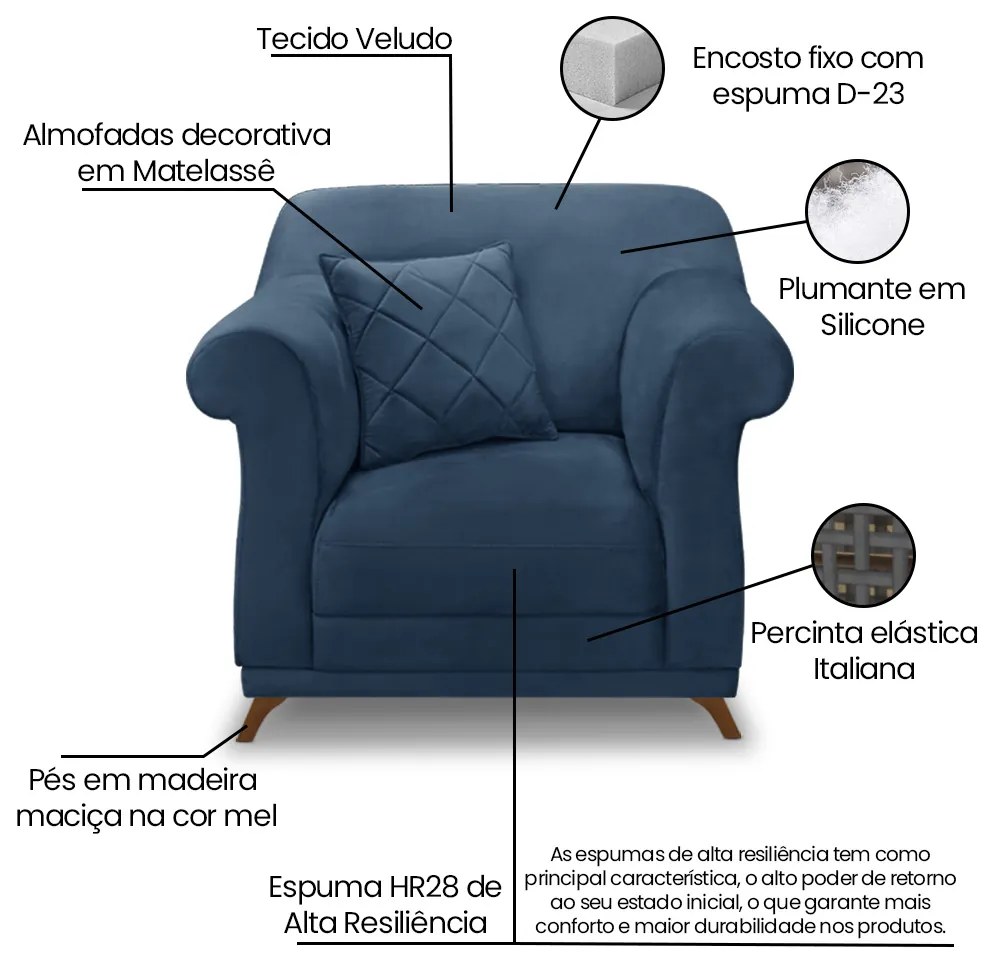 Poltrona Sala de Estar Pé de Madeira Julieta Veludo S04 - D'Rossi - Azul Marinho