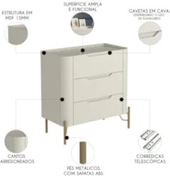 Mesa Cabeceira Quarto 68cm 3 Gavetas Blen Luna/Dourado I06 - Mpozenato