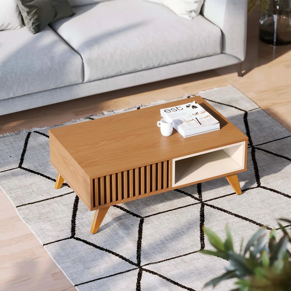Mesa de Centro Decorativo Pés em Madeira Maciça MDP/MDF Vera 90cm Freijó/Off White G73 - Gran Belo