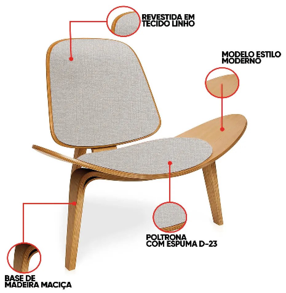 Poltrona Decorativa Base de Madeira Shell Linho P01 - D'Rossi - Cinza