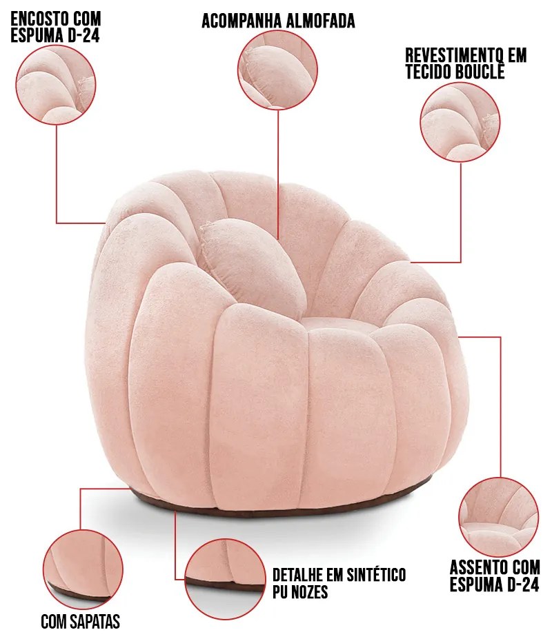 Poltrona Decorativa Orgânica Fixa Cloud Bouclê E03 - D'Rossi - Rose