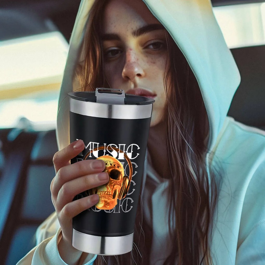 Copo Térmico Skull Music Forever Cerveja Café em Inox Com Tampa e Abridor Chopp