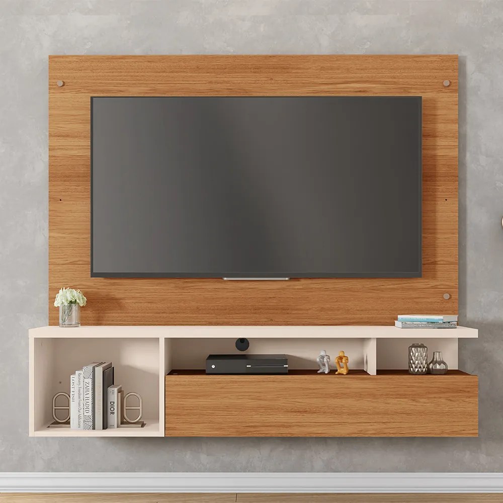Painel TV 55 Pol 136cm Bancada Suspensa Sala Layanne Freijó/Off White C01 - D'Rossi