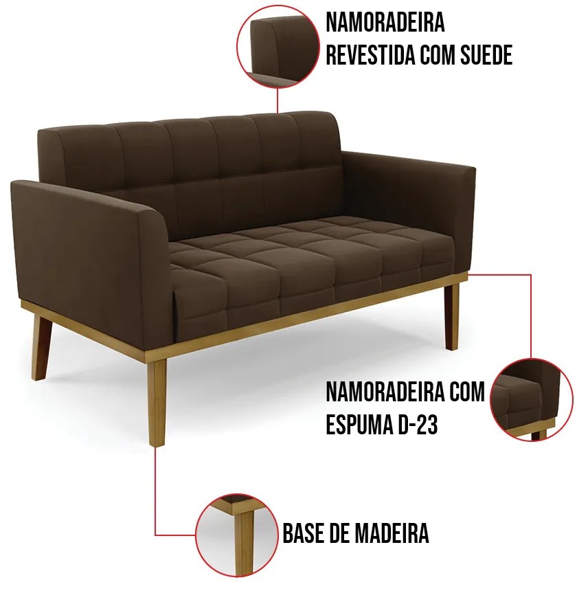 Sofá Namoradeira Base de Madeira Castanho Elisa Suede D03 - D'Rossi  - Marrom