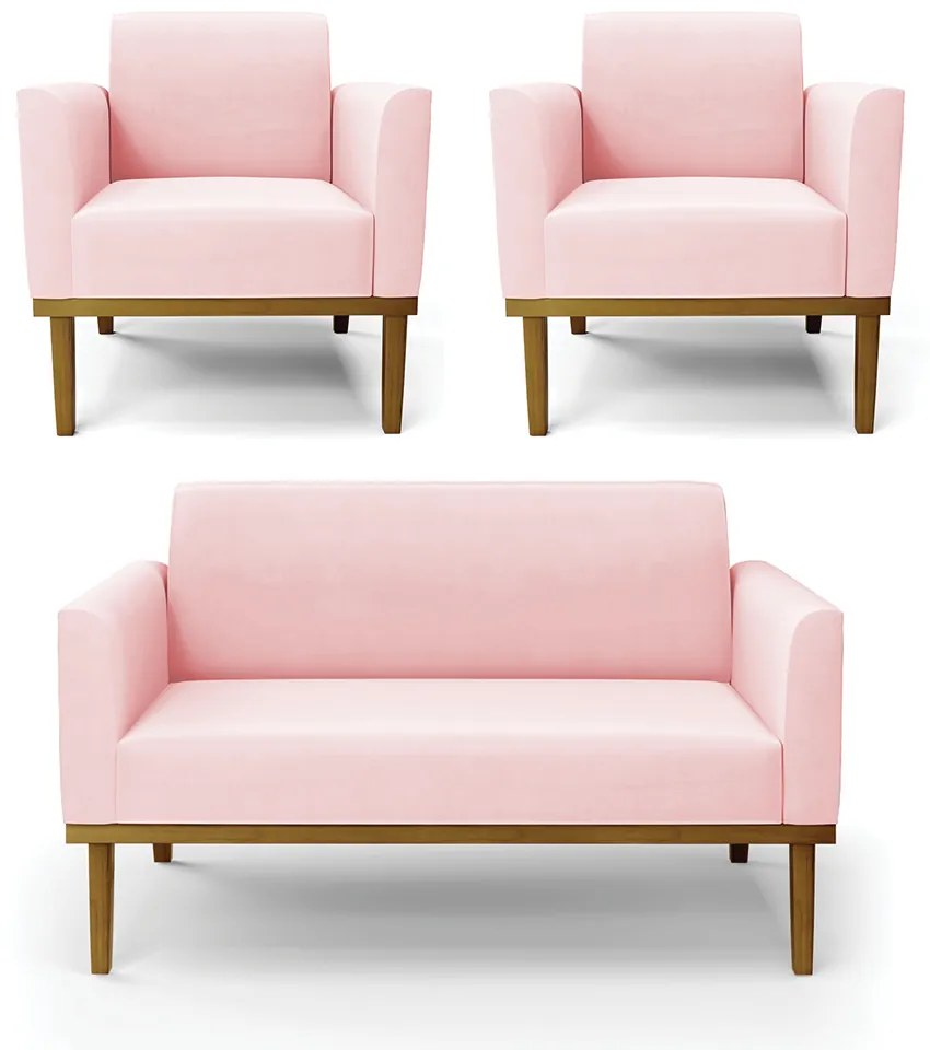 Conjunto 2 Poltronas e 1 Namoradeira Decorativa Isabella Pés Fixo em Madeira Castanho Suede Rosa Bebê G19 - Gran Belo