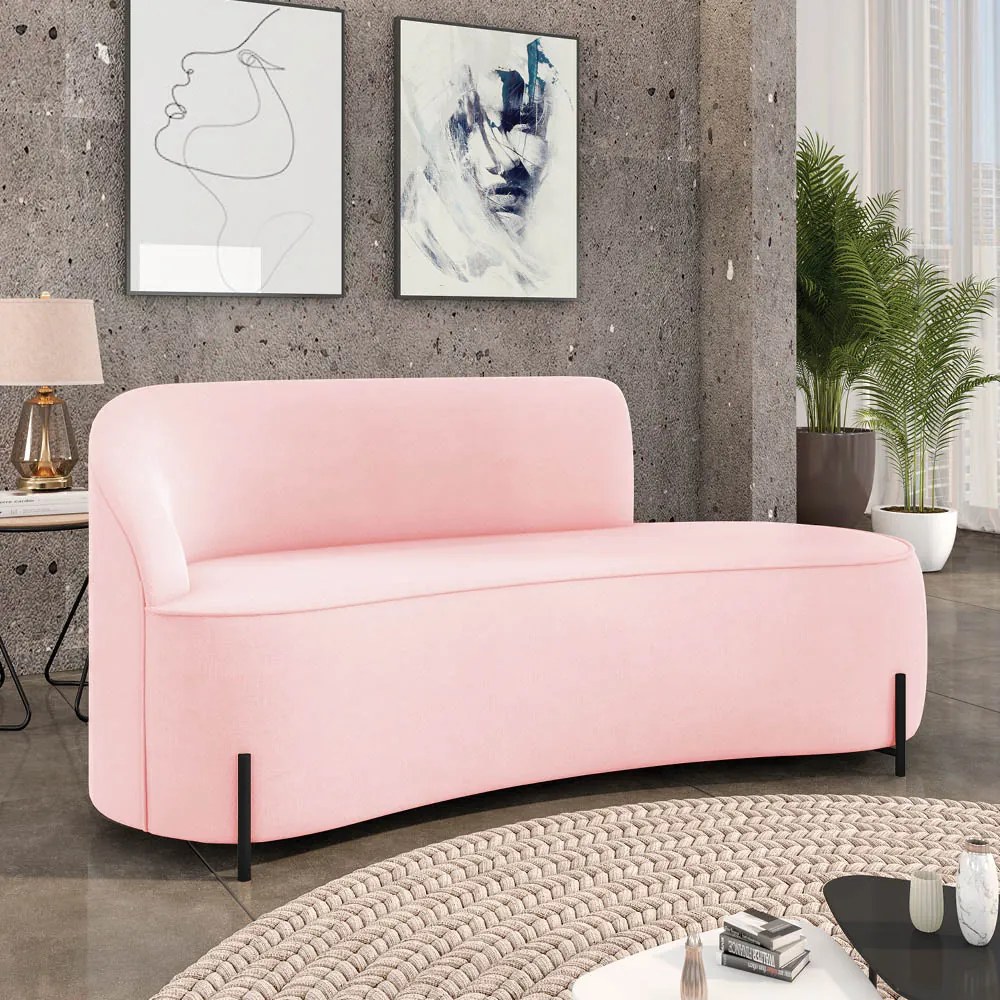 Sofá 3 Lugares Orgânico 180cm Pé Ferro Preto Morgan Suede D03 - D'Rossi - Rosa Bebê