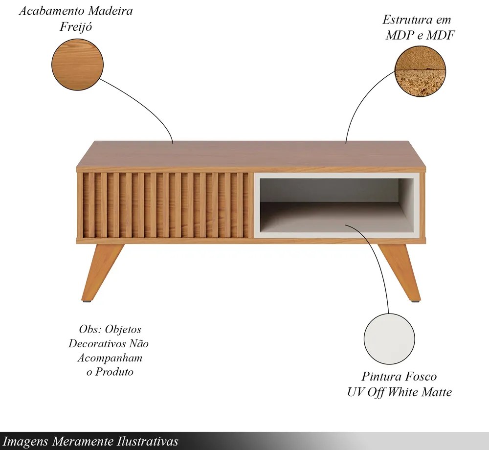 Mesa de Centro Decorativo Pés em Madeira Maciça MDP/MDF Vera 90cm Freijó/Off White G73 - Gran Belo