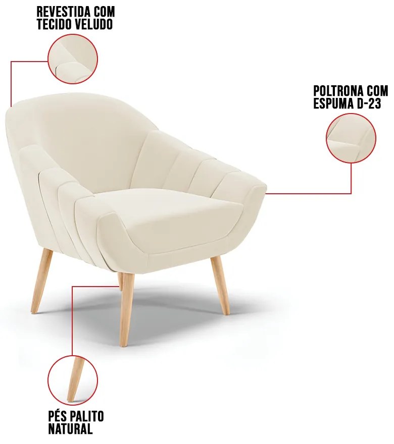 Poltrona Giovana Veludo Pés Palito Natural D03 - D'Rossi - Bege