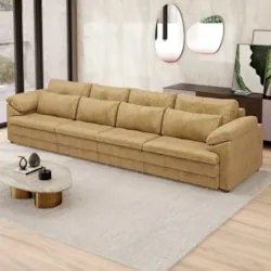 Sofá Retrátil 4 Lugares Para Sala 339cm Dijon Couro Bege S07 - Mpozena