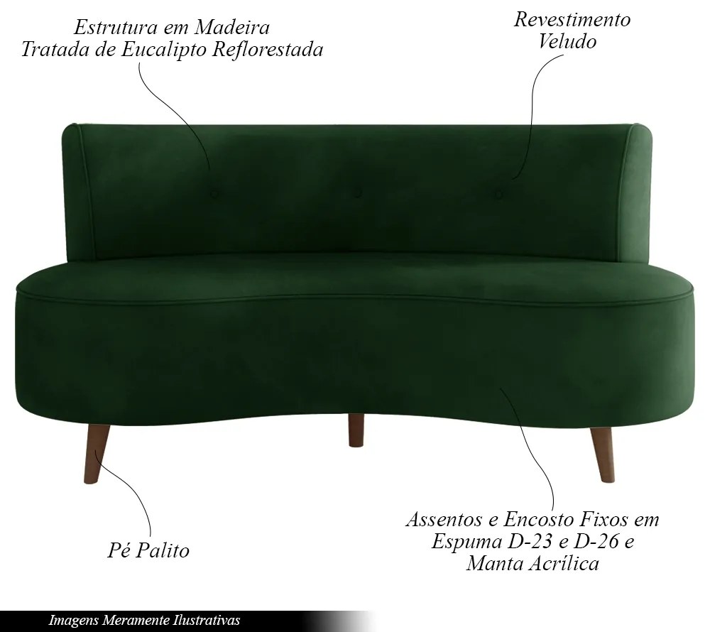 Sofá Living 2 Lugares 135cm Aang Pés Palito Veludo Verde G33 - Gran Belo