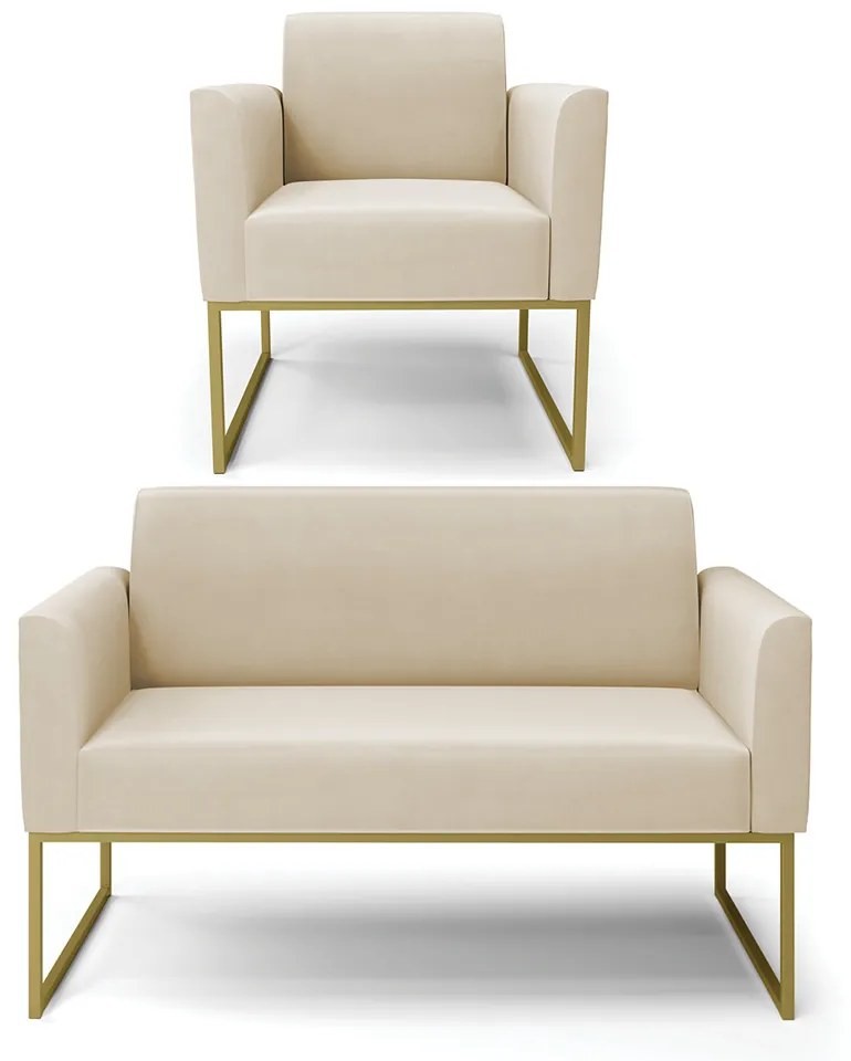 Sofá Namoradeira com Poltrona Base Industrial Dourado Marisa Suede D03 - D'Rossi - Bege