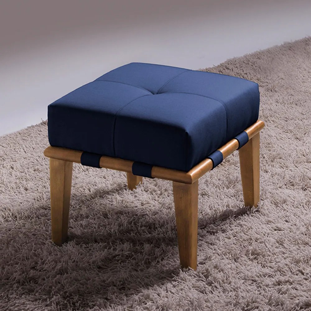 Kit 02 Puffs Decorativos 45cm Martínez Veludo Pés Madeira Azul/Mel G62 - Gran Belo