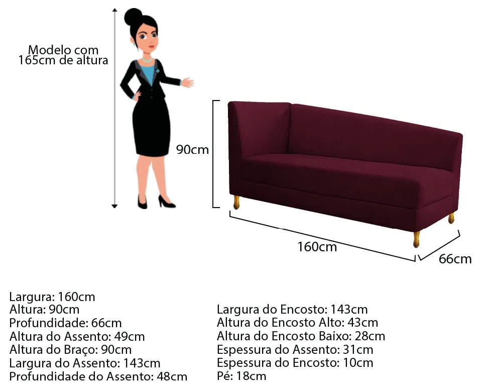 Recamier Valéria 160cm Lado Direito Suede Bordô - ADJ Decor
