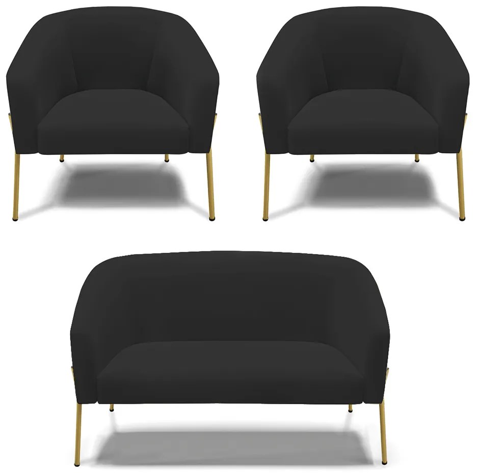 Namoradeira e 2 Poltronas Pé de Ferro Dourado Stella Veludo D03 - D'Rossi - Preto