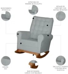 Poltrona Amamentação Base Madeira Balanço Maju Bouclê Cinza F03 - Mpoz