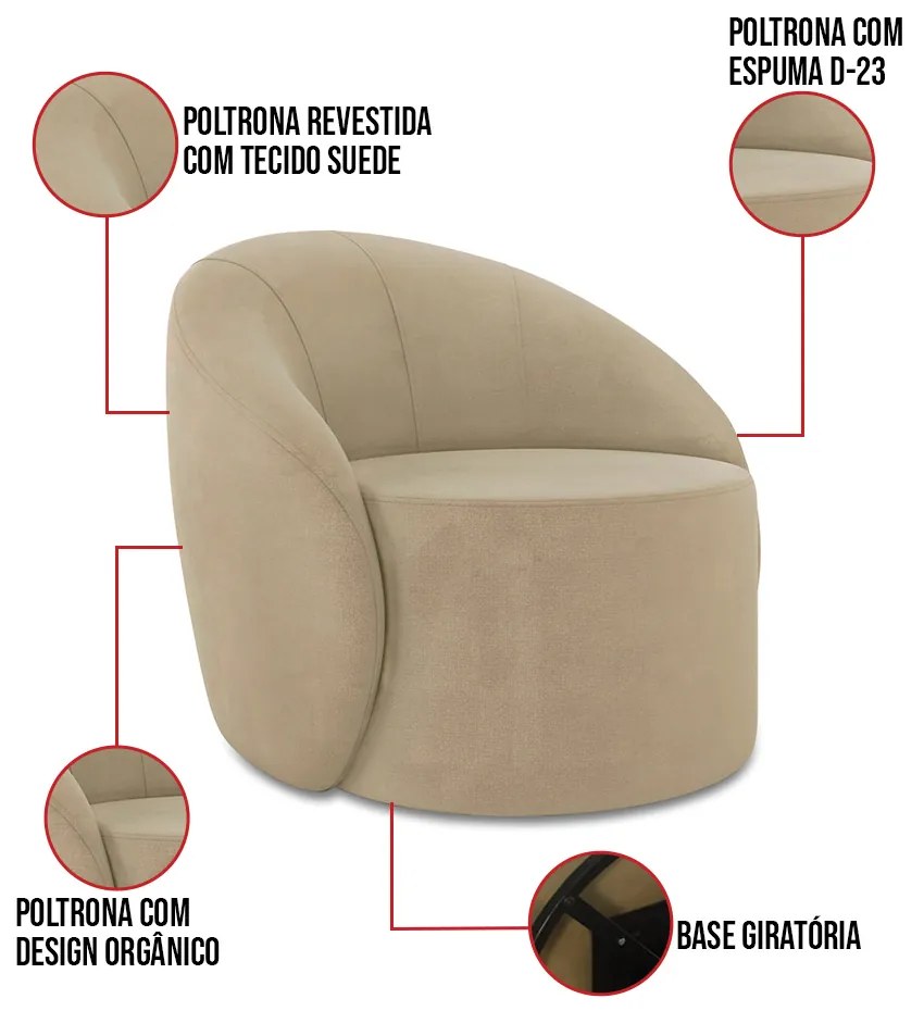 Poltrona Sala Orgânica Giratória Lua Suede D03 - D'Rossi - Marrom Rato