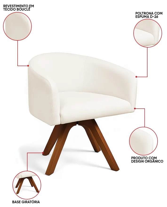 Poltrona Sala Base Giratória Madeira Kit 2 Arielle Bouclê Off White D03 - D'Rossi
