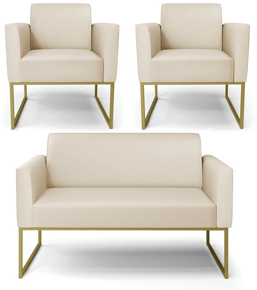 Sofá Namoradeira com 2 Poltronas Base Industrial Dourado Marisa Corino D03 - D'Rossi - Bege