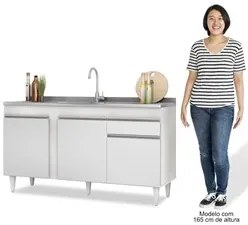 Balcão Gabinete com Pia Inox 150cm 3 Portas 1 Gaveta Dakota Branco - L