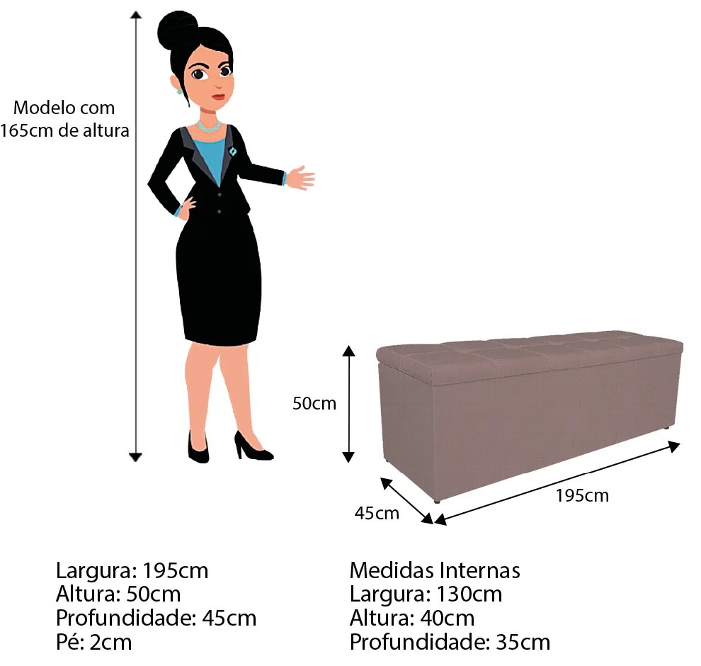 Calçadeira Estofada Manchester 195 cm King Size Linho Rosê - ADJ Decor