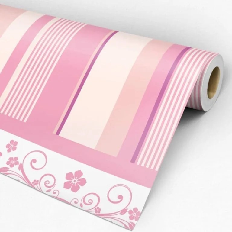 Papel de Parede listrado rosa e branco com arabesco 0.52m x 3.00m