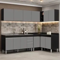 Armário de Cozinha Modulado de Canto 6 Peças CP33 com Pia Inox Preto/C