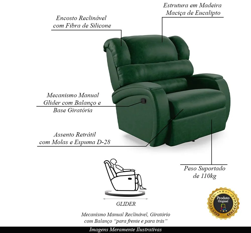 Poltrona do Papai Sala de Cinema Reclinável Kylie Glider Manual Giratória PU Verde Musgo G23